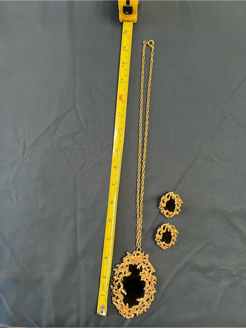 Vintage Napier Gold-Tone Cast Black Inset Necklace with Matching Earrings